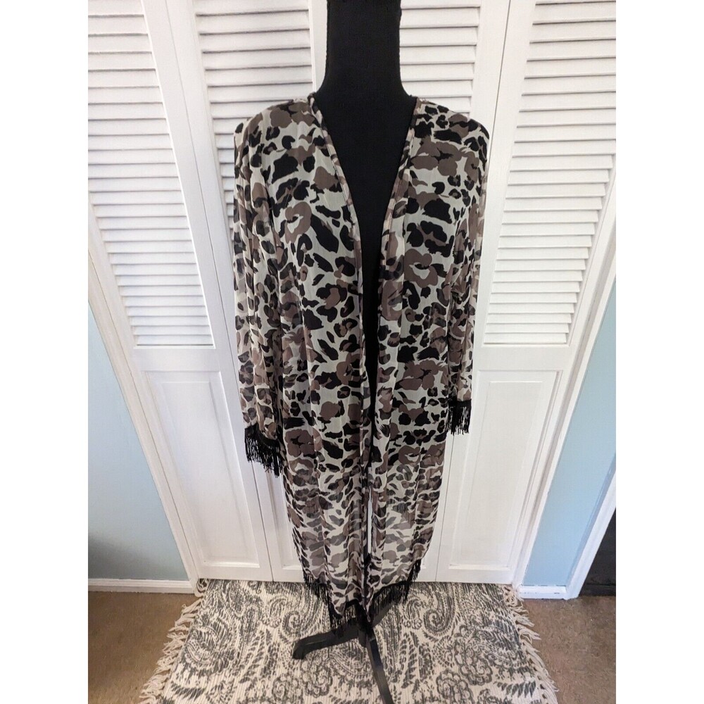 Cruise Club Womens One Size Brown/White/Black Sheer Leopard Fringe Cover-Up NEW